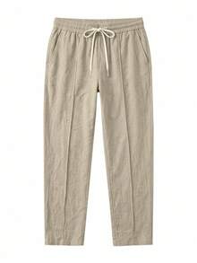 Men's Solid Color Linen Casual Pants, Thin Straight Leg Long Trousers, Breathable Beach Vacation Style, Elastic Waist With Drawstring, Versatile Daily Wear - Khaki - View 6
