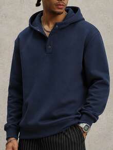 Men's Navy Blue Fleece Lined Hooded Sweatshirt, Solid Color Snap Button Half Placket, Long Sleeve Casual Sportswear, Regular Fit, Suitable For Autumn/Winter - Royal Blue - View 12
