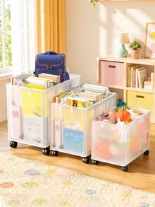 1 pieza Carrito de almacenamiento plegable de gran capacidad con ruedas, carrito de aperitivos de PVC impermeable, adecuado para libros, documentos, ropa y aperitivos, se puede colocar debajo del escritorio, al lado de la cama, en el dormitorio y en la residencia estudiantil, perfecto para Navidad, Acción de Gracias, Halloween, regreso a la escuela y organización del hogar - Blanco - Ver 2