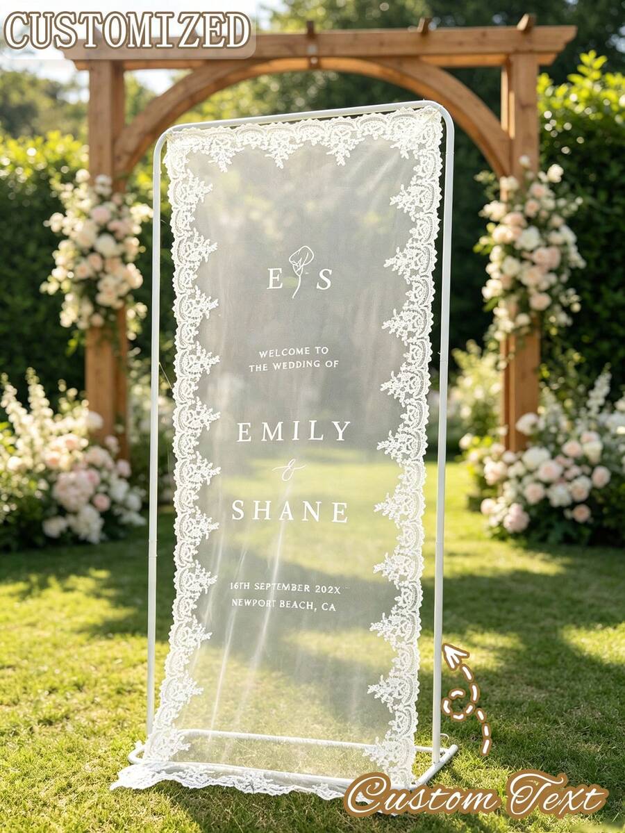 個性化半透明蕾絲婚禮歡迎牌，可客製化首字母姓名日期，網格歡迎橫幅，戶外花園婚禮入口裝飾