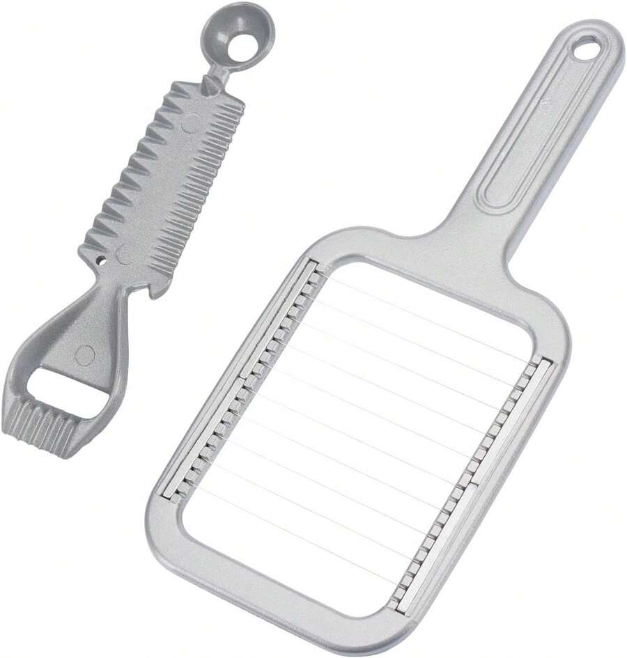 Cortador de mantequilla + abrelatas multifuncional, hecho de aluminio / acero inoxidable resistente a la oxidación (gris / plateado, juego de 2 piezas) - Ver 1