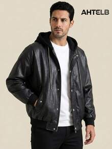 AHTELB Black Faux Leather Motorcycle Jacket, Casual Baseball Collar Leather Jacket, Loose Hooded Leather Jacket For Autumn/Winter, Hooded Leather Top, Vintage Street Style Leather Jacket, Versatile Black Leather Jacket For Commuting, Drawstring Hooded Casual Leather Jacket, Gift For Husband, Boyfriend, Friend, Client, Father - Black - View 1