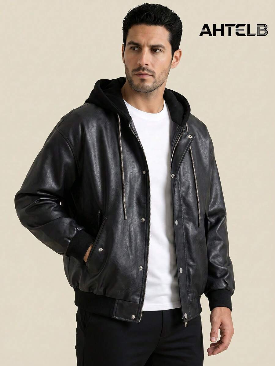 AHTELB Black Faux Leather Motorcycle Jacket, Casual Baseball Collar Leather Jacket, Loose Hooded Leather Jacket For Autumn/Winter, Hooded Leather Top, Vintage Street Style Leather Jacket, Versatile Black Leather Jacket For Commuting, Drawstring Hooded Casual Leather Jacket, Gift For Husband, Boyfriend, Friend, Client, Father - Black - View 1