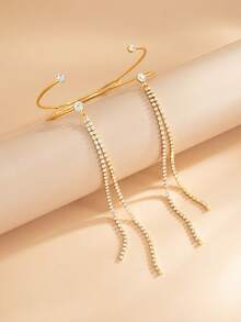 1pc Minimalist Fashion Luxury Rhinestone Tassel Open Cuff Bracelet, Suitable For Women's Daily, Vacation, Party And Other Occasions - Golden - View 6