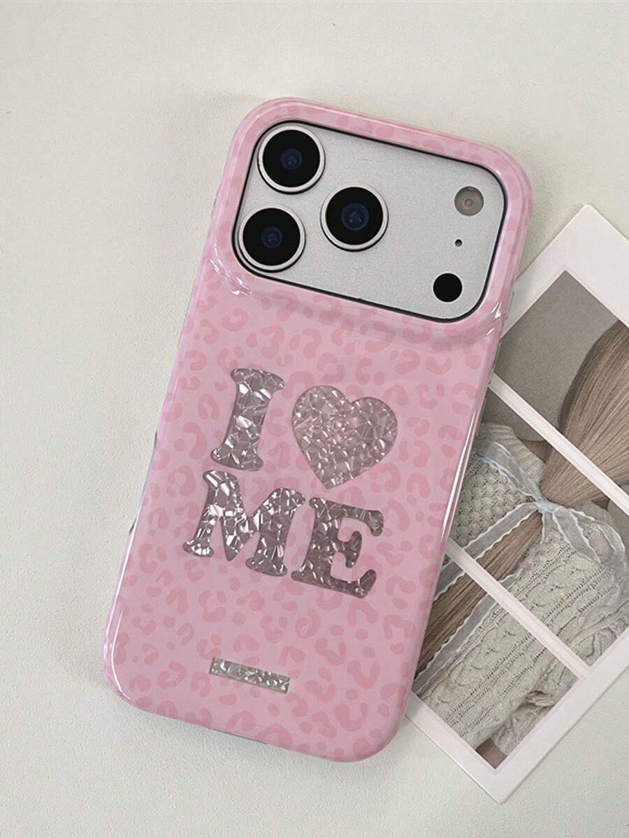 1 buah Casing Ponsel Lembut Transparan Warna Pink Muda Motif Leopard Berbentuk Berlian dengan Tulisan "I Love Myself" dan Huruf Hati, Kompatibel dengan iPhone 16 Pro Max, 15, 14, 13, 12, 11, Pro Plus, 16E, Jendela Kamera Terpisah Ukuran Besar, Desain Perlindungan Penuh, Tahan Air, Tahan Guncangan, Anti Jatuh, dan Tahan Aus dari Bahan TPU. - Berwarna merah muda - View 1