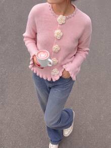Romantic Pink Round Neck Knit Cardigan 3D Rose Fasteners Ruffle Edge Long Sleeve For Fall Holiday Brunch City Strolls - Pink - View 4