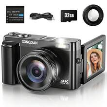 SONGDIAN 4K 30fps 超高清 4800 万像素数码相机，配备 32GB TF 卡、850mAh 可充电电池、16 倍光学变焦、3 英寸 180° 可旋转翻转屏，是视频博客和视频拍摄的理想之选，便携入门级设计，也是馈赠佳品。 - Camera + Filter - 查看 10