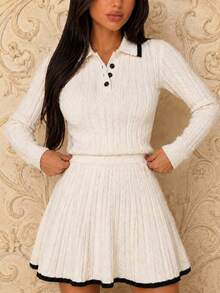 Elegant Knitted Sweater Set Including Turtleneck Pullover With Button Front Long Sleeve Cropped Top And Elastic Waist A-Line Mini Skirt, Suitable For Women Casual Daily, Valentine's Day, Music Festival, Wedding Season, Party Wear White - 白色 - 查看 6