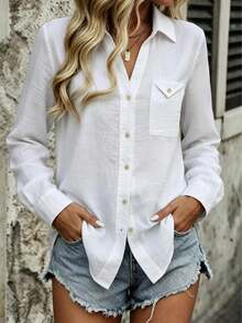 Women's White Long Sleeve Button-Front Polyester Shirt, Casual Regular Length Blouse, Shirt Collar, Suitable For Autumn Daily Wear - White - View 1