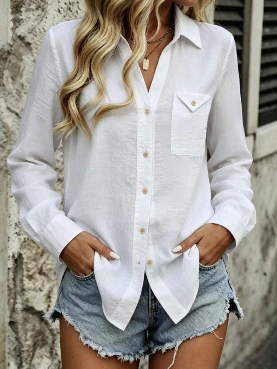 Women's White Long Sleeve Button-Front Polyester Shirt, Casual Regular Length Blouse, Shirt Collar, Suitable For Autumn Daily Wear - White - View 1