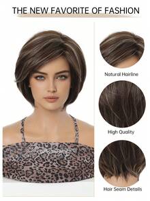 8 Inch Women's Short Bob Wig, Natural-Looking Synthetic Fiber, Black/Brown Straight Bob Hair, Fashionable Daily Wear Short Hairstyle, Halloween - Multicolor - View 4