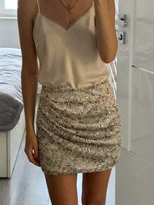 Women's Elegant Fitted Mini Skirt With Shiny Contrast Sequin Details, Non-Stretch Polyester Fabric - Apricot - View 10