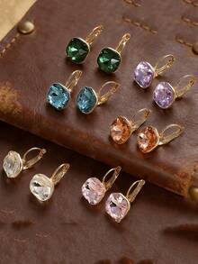 6 Pairs Elegant Cute 14K Gold Plated Colorful Square Rhinestone Candy Pendant Earrings Set, Suitable For Summer Wear, Noble Party Daily Wear, Cubic Zirconia Jewelry, Valentine's Day Mother's Day Birthday Gift, Travel Vacation Beach Accessory - Multicolor - View 3