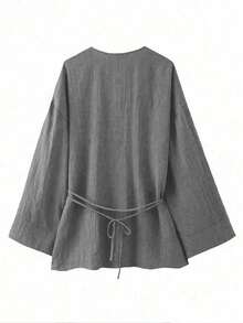 Camisa cruzada de color liso y estilo casual versátil para mujer - Gris - Ver 3