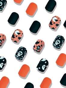 24 piezas de uñas postizas cuadradas y lindas, cortas y coloridas con patrón de fantasma y calavera para Halloween - Multicolor - Ver 2