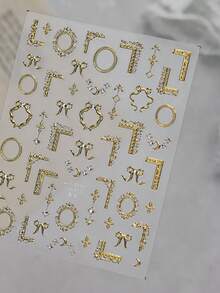 1Sheet Gold Metallic Crystal Mini Baroque Frame Nail Stickers, Bow Moon Tiny Rhinestone 3D Embossed Self Adhesive Nail Art Decals - 金色 - 查看 3