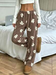 Women's Autumn/Winter Warm Fleece Pajama Pants, Soft Bear Print Sleepwear - Brown - View 1