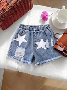 1pc Tween Girls Denim Shorts, Outdoor Daily Fashion Street Style Cool Vintage Versatile Star Distressed Frayed Denim Shorts - Medium Wash - View 1