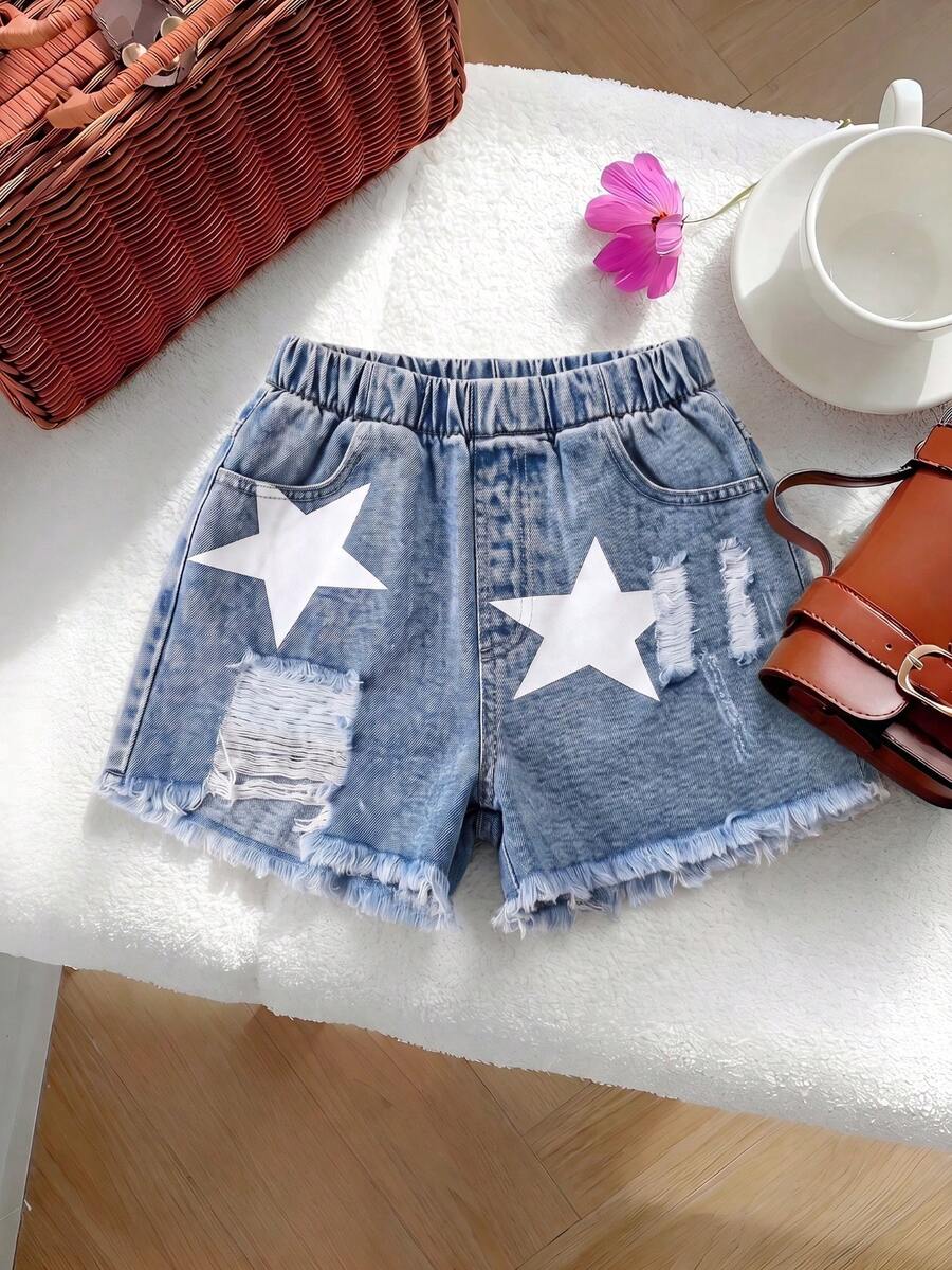 1pc Tween Girls Denim Shorts, Outdoor Daily Fashion Street Style Cool Vintage Versatile Star Distressed Frayed Denim Shorts - Medium Wash - View 1