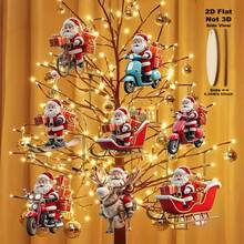 2D Flat, 8pcs Set Cute Santa Claus Riding Bike Delivering Gifts Christmas Tree Hanging Ornaments, Wooden Christmas Tree Top Decoration, Home Decor And Outdoor Holiday Display - 8-piece Set - View 2