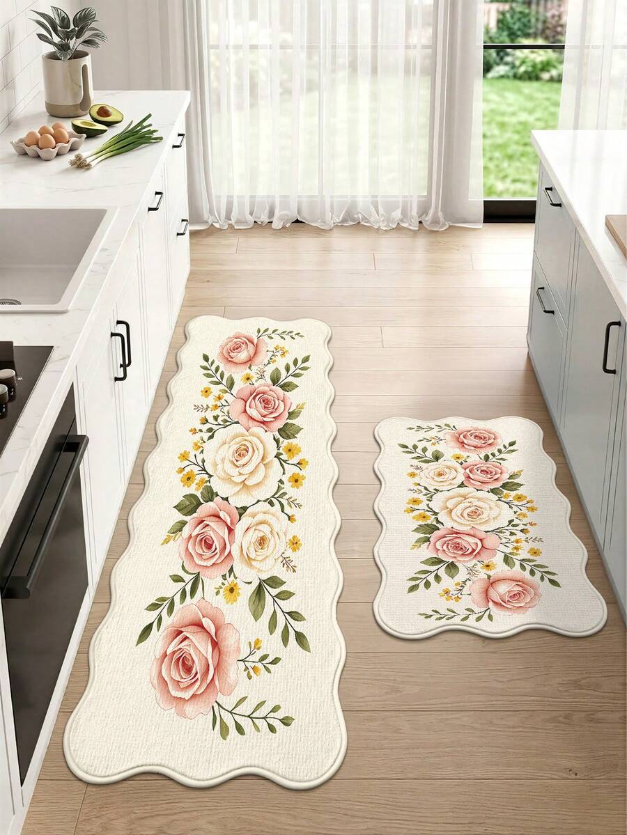 DAJIANG 1pc Rose Floral Wave Long Runner Rug, Suitable For Bathroom, Kitchen, Outdoor, Hallway, Bedroom, Living Room, Machine Washable Easy To Clean, Non-Slip Entryway Mat, Bedroom Decor Carpet Accessory