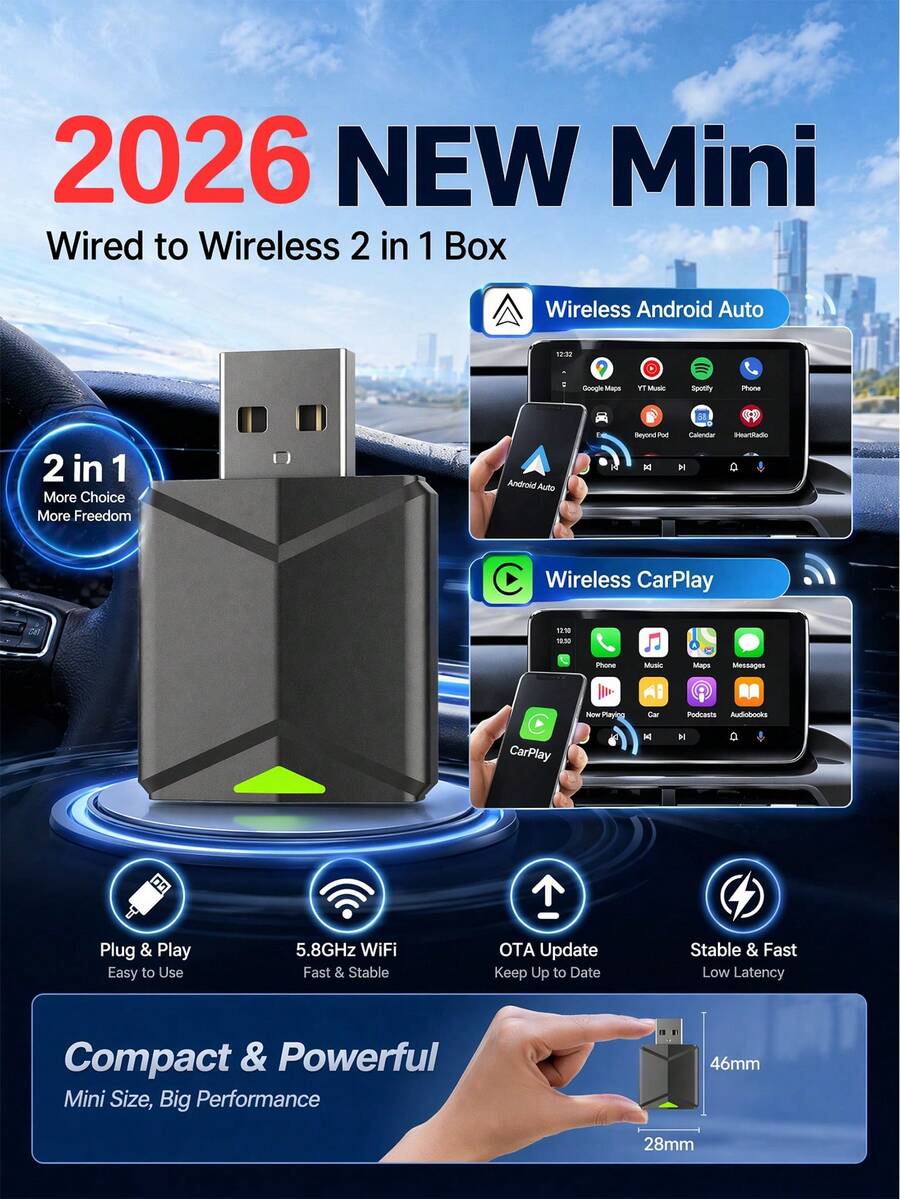 XUDA 2026 BARU Mini Carplay Ai Box Adaptor Kabel ke Nirkabel CarPlay & Android Auto 2-in-1 untuk 99% Mobil Asli dengan CarPlay/Android Auto Kabel 2.4~5.0 GHz WiFi5 Bergaya dan Portabel