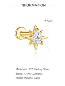 1Pc 925 Sterling Silver Eight-Pointed Star CZ Nose Stud Flat Back Hypoallergenic Body Cartilage Piercing Jewelry For Women Men Daily Wear & Gifts - Gold - View 7