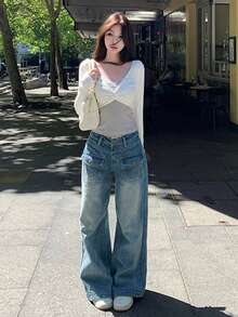 2-In-1 Knot Design Striped Long Sleeve T-Shirt Contrast Color Knit Top Casual White - White - View 9