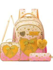 3PCS Bowknot Ribbon Decoration Backpack For Girls With  Crossbody Bag And Pencil Bag Love Printed Schoolbag Backpack Travel Bag Picnic Girl Gift - 黃色 - 查看 5