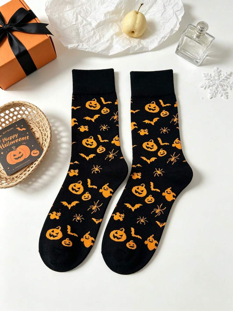 1 Pair Black Base Orange Pattern Halloween All-Over Print Mid-Calf Socks, Pumpkin Bat Spider Goblin Fun Print Party Atmosphere Unisex Slouch Socks - Multicolor - View 1