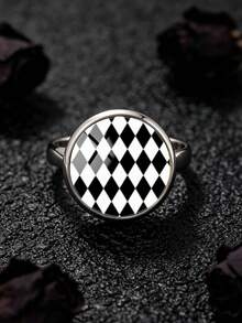 YUJUGLOW 1PC Cartoon Minimalist Black & White Rhombus Pattern 316 Stainless Steel Open Ring For Women Daily Wear - Black and White - View 6