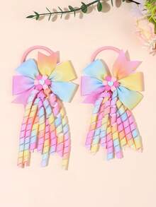 2 piezas Diademas elásticas con lazo y borlas degradadas, Diademas de color degradado, Adecuadas para el primer día de escuela, fiesta, accesorios para el cabello, útiles escolares, regalos para maestros - Multicolor - Ver 1