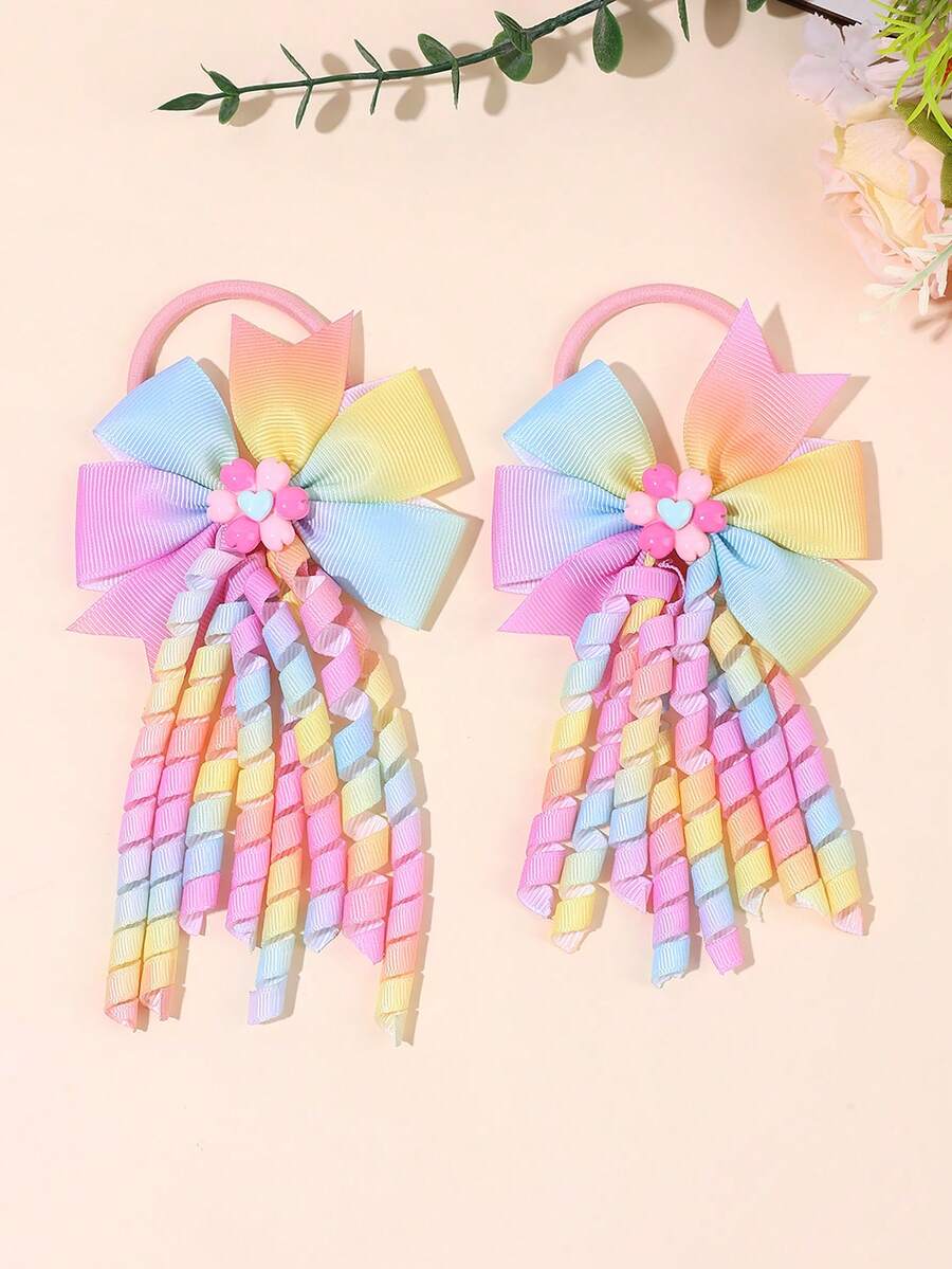 2 piezas Diademas elásticas con lazo y borlas degradadas, Diademas de color degradado, Adecuadas para el primer día de escuela, fiesta, accesorios para el cabello, útiles escolares, regalos para maestros - Multicolor - Ver 1