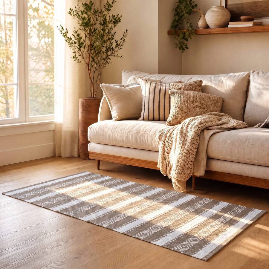 KIWI MOBLEKIT | Baumwollteppich 60x90 cm, Beige und Weiß mit geometrischem Muster, Wohn- und Schlafzimmerteppich, weicher Stoff aus 100 % Baumwolle, OEKO-TEX Standard 100 zertifiziert, nordischer Stil - Beige / Weiß op1 - Übersicht 1