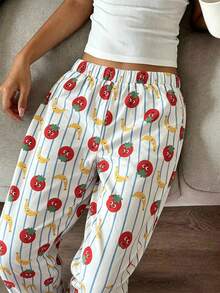 Women's Long Pajama Pants, Elastic Waist, Vertical Striped Tomato & Banana Cartoon Print, Loose Straight Leg Lounge Pants - Multicolor - View 5