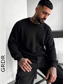 GRDR 男士休闲提花针织圆领长袖毛衣 - 黑色 - 查看 3