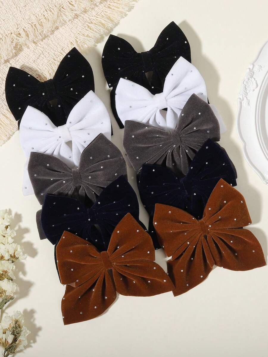10pcs Vintage Velvet Rhinestone Large Bow Hair Clips, Atmospheric Girls Hair Accessories For Birthday, Date - Mixed color - View 1