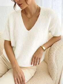 Women's V-Neck Solid Color Ribbed Short Sleeve Autumn Minimalist Casual Elegant Versatile Knit Pullover Sweater, Soft Comfortable Daily Wear - White - View 1