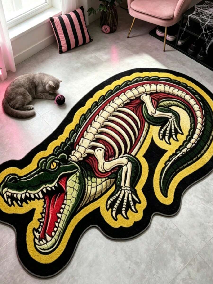 1件綠色骷髏鱷魚藝術地毯,裝飾地毯,地板墊,家居裝飾,休閒毯,不對稱形狀地毯 - 彩色 - 查看 1