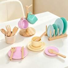 27pcs Wooden Children's Play Kitchen Utensils Set, Includes Plates, Bowls, Storage Rack And Realistic Food, 3-5 Years Old Kids Simulated Cooking Toy, Educational Gift - Multicolor - View 5