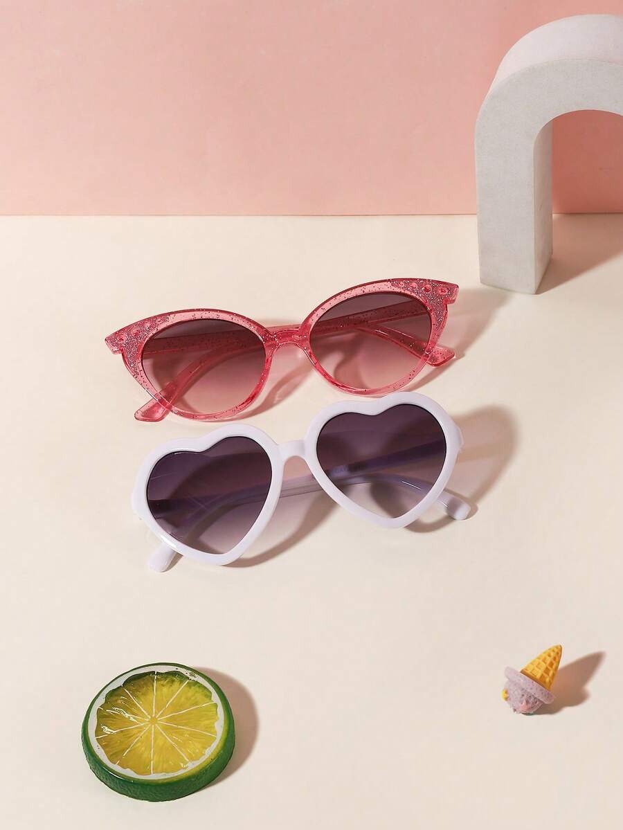 1 Set 2pcs Unisex Kids 3-8 Years Old, Mixed Color Glitter Cat Eye & Solid Color Heart Shape, Plastic Material, Dual-Tone Gradient Lens Glasses, Spring Travel Party Style - Multicolor - View 1