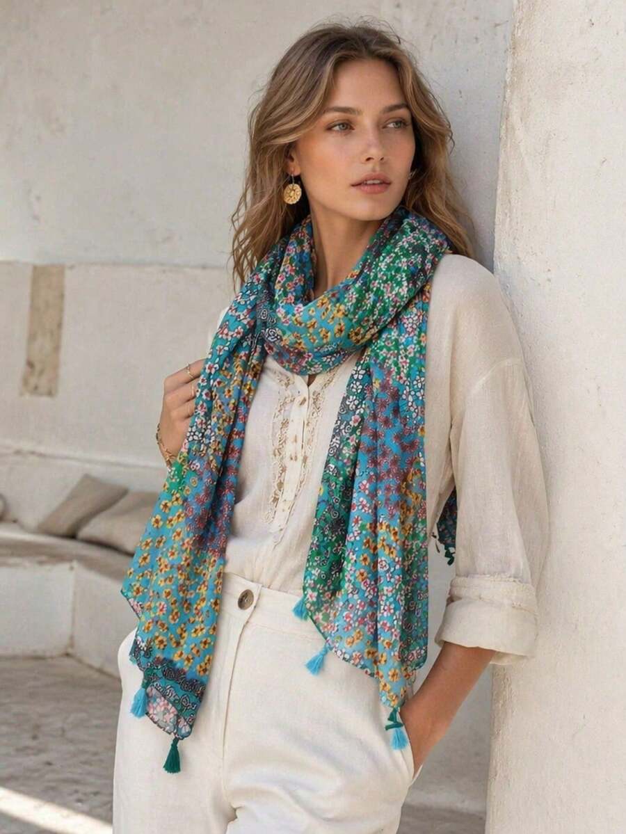 1pc Bohemian Floral Elegant Elegant Minimalist Fashion Versatile Daily Casual Gathering Party Cosplay Vacation Travel Beach Headwrap Sun Protection Shawl Scarf For Women - Cadet Blue - View 1