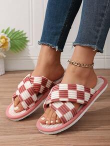 Classic Plaid Thick Stripe Criss-Cross Open Toe Plush Slippers For Women, Indoor Home Living Room Fashion Gift Slippers, Comfortable Breathable All-Season, Multiple Colors Available - Pink - View 3