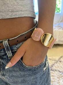 1pc Vintage Bohemian Style Resin Multicolor Elastic Wide Wristband Bracelet, Suitable For Women's Daily Layering - Circular Patchwork - View 2