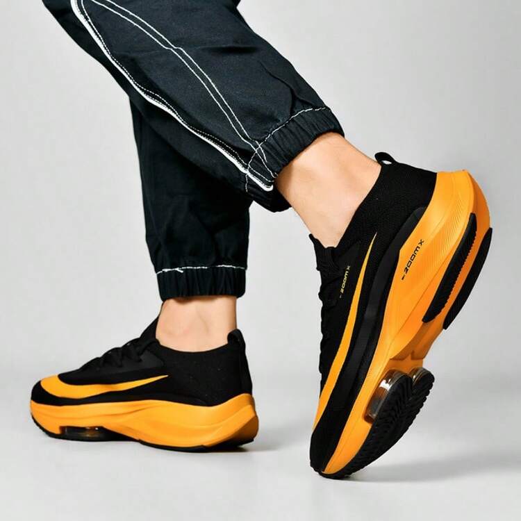 Professional Racing Air Cushion Sports Shoes, Quick-Dry Foam Insole, Carbon Plate Support, Non-Slip, Daily Jogging Height-Increasing Thick Sole Athletic Shoes - Black and Yellow - View 6