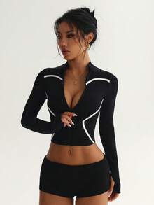 Spring/Autumn Slimming Tight-Fit Sports With Thumb Holes, Long Sleeve Outdoor Running Pilates Fitness Jacket - Black - View 6