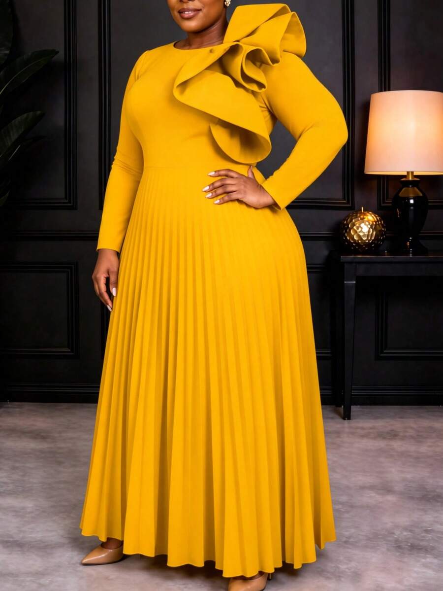 Gaun Maxi Lipit Kuning Ukuran Plus Elegan untuk Wanita, Leher Bulat, Ruffle Tidak Beraturan, Lengan Panjang, Cocok untuk Acara Formal Gereja, Pesta, dan Musim Gugur.