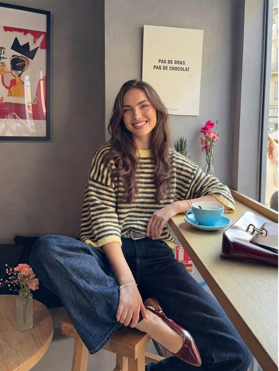 Women's Casual Cute Y2K Striped Short Sleeve Wool Cropped Knit Pullover Sweater Top Yellow - Yellow - View 1