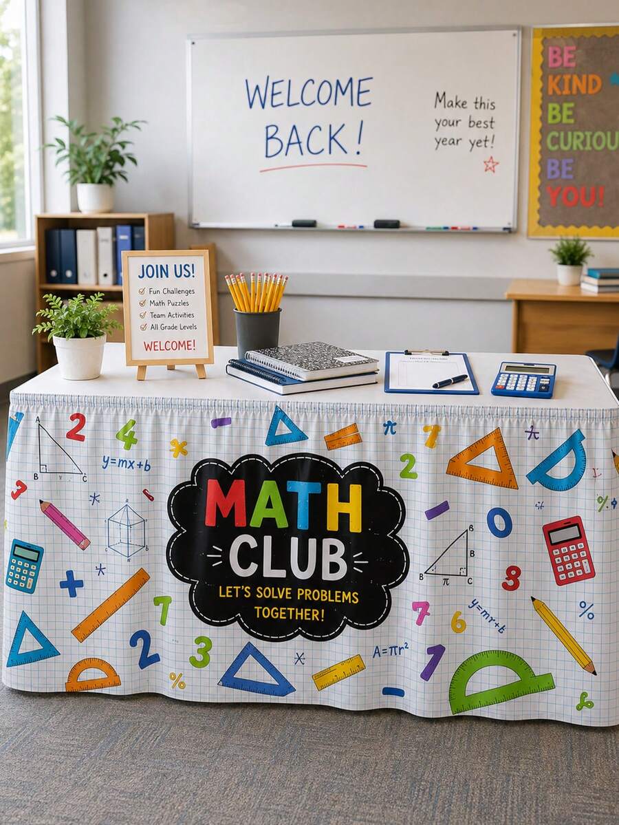 1 pieza Falda de mesa del club de matemáticas de vuelta a la escuela, mantel plisado con patrón de papel cuadriculado, regla numérica, calculadora y geometría, con cierre de gancho y bucle, antiarrugas y lavable, adecuado para escritorio de profesor de aula, actividad educativa, decoración de soporte de exhibición escolar - Multicolor - Ver 1