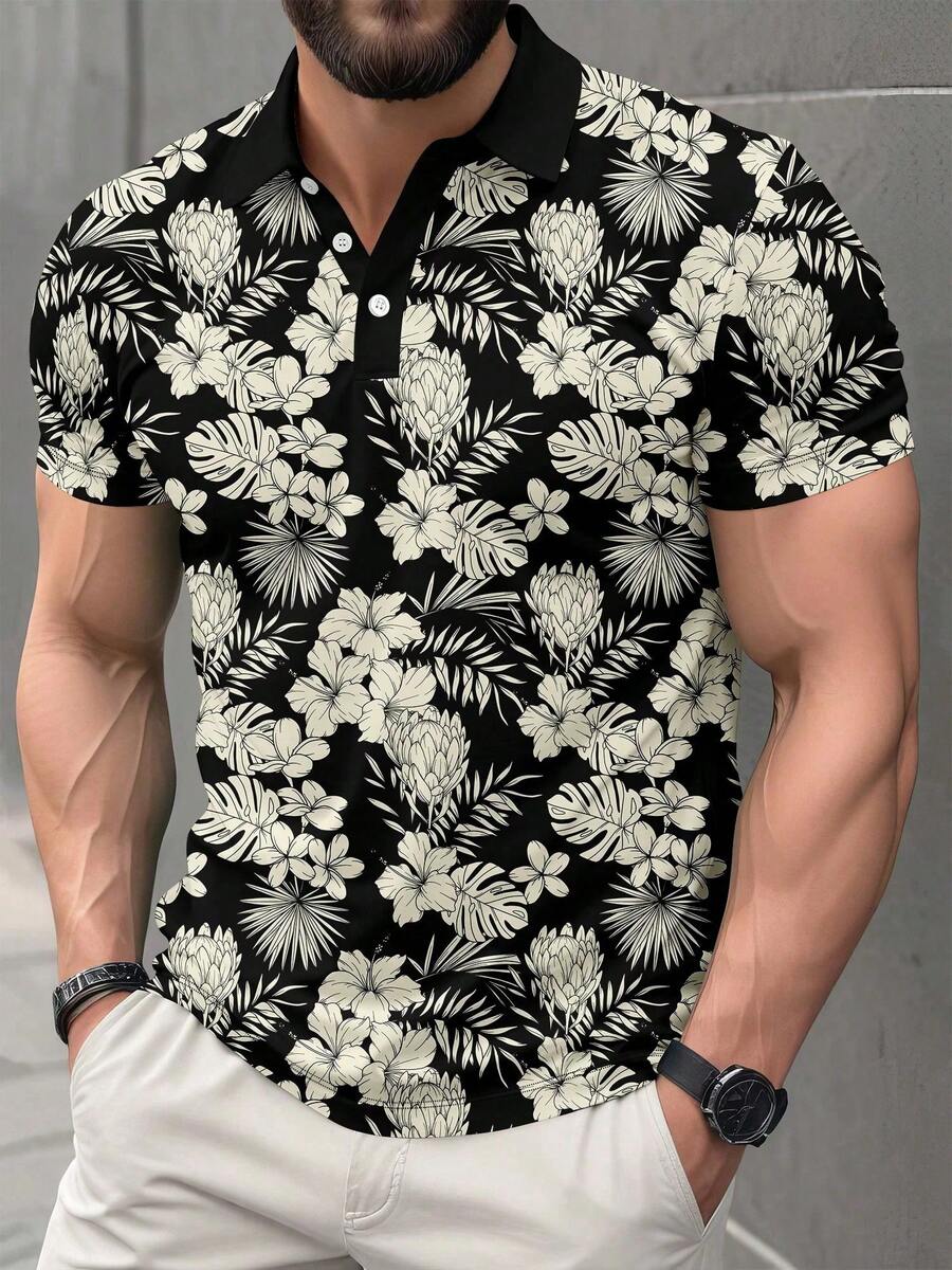 Men's Casual Business Floral Print Short Sleeve Polo Shirt - Multicolor - View 1